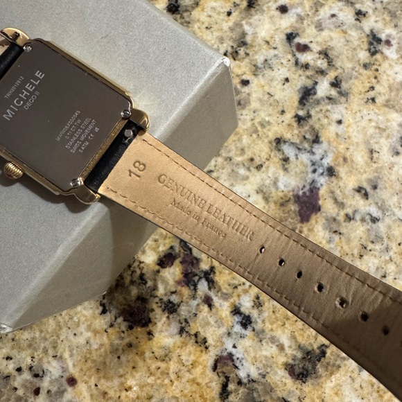 MICHELE Deco II Mother of Pearl Diamond 18K Gold Plated Leather Band Watch - Picture 15 of 15